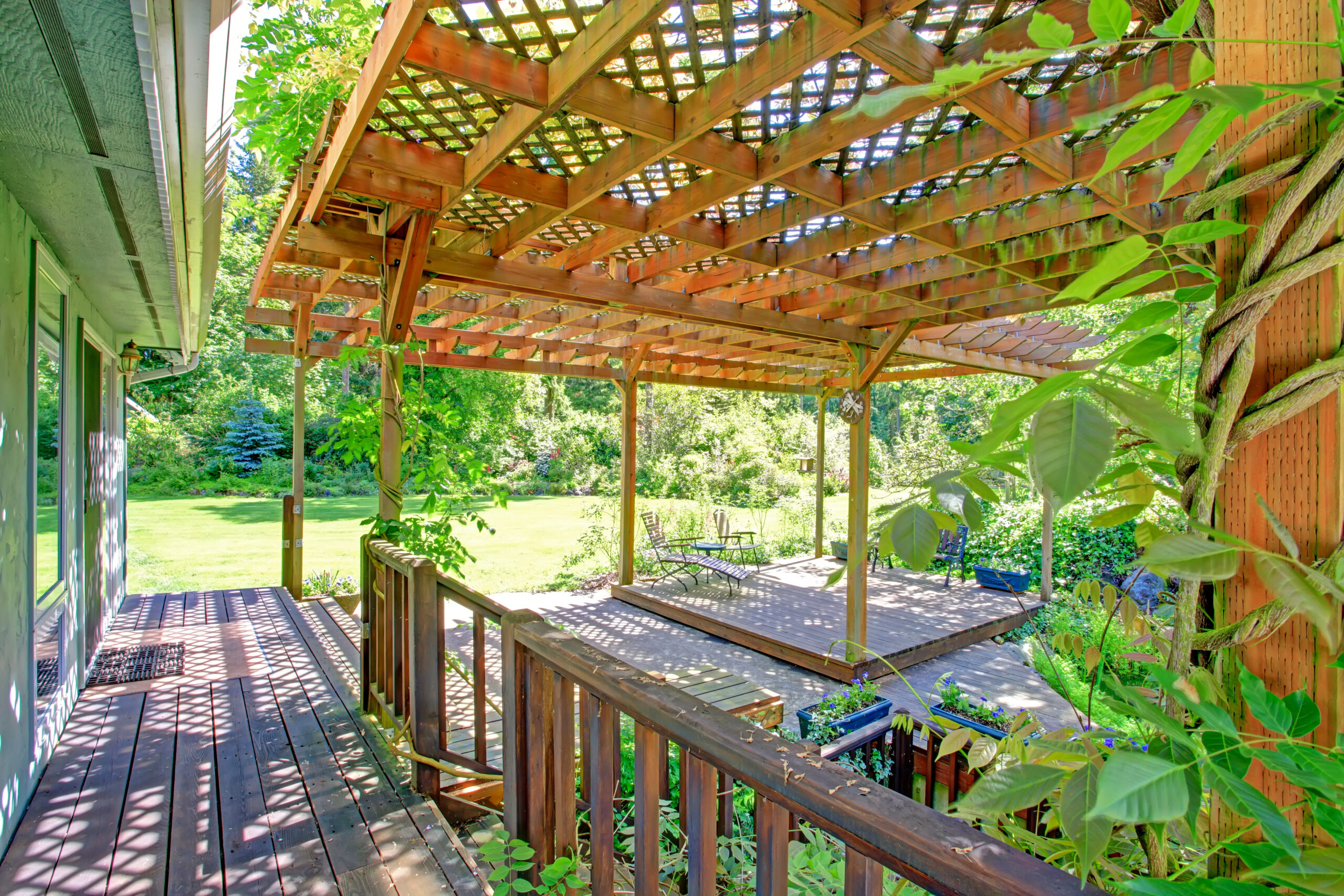 deck beneath a shady pergola in grassy backyard
