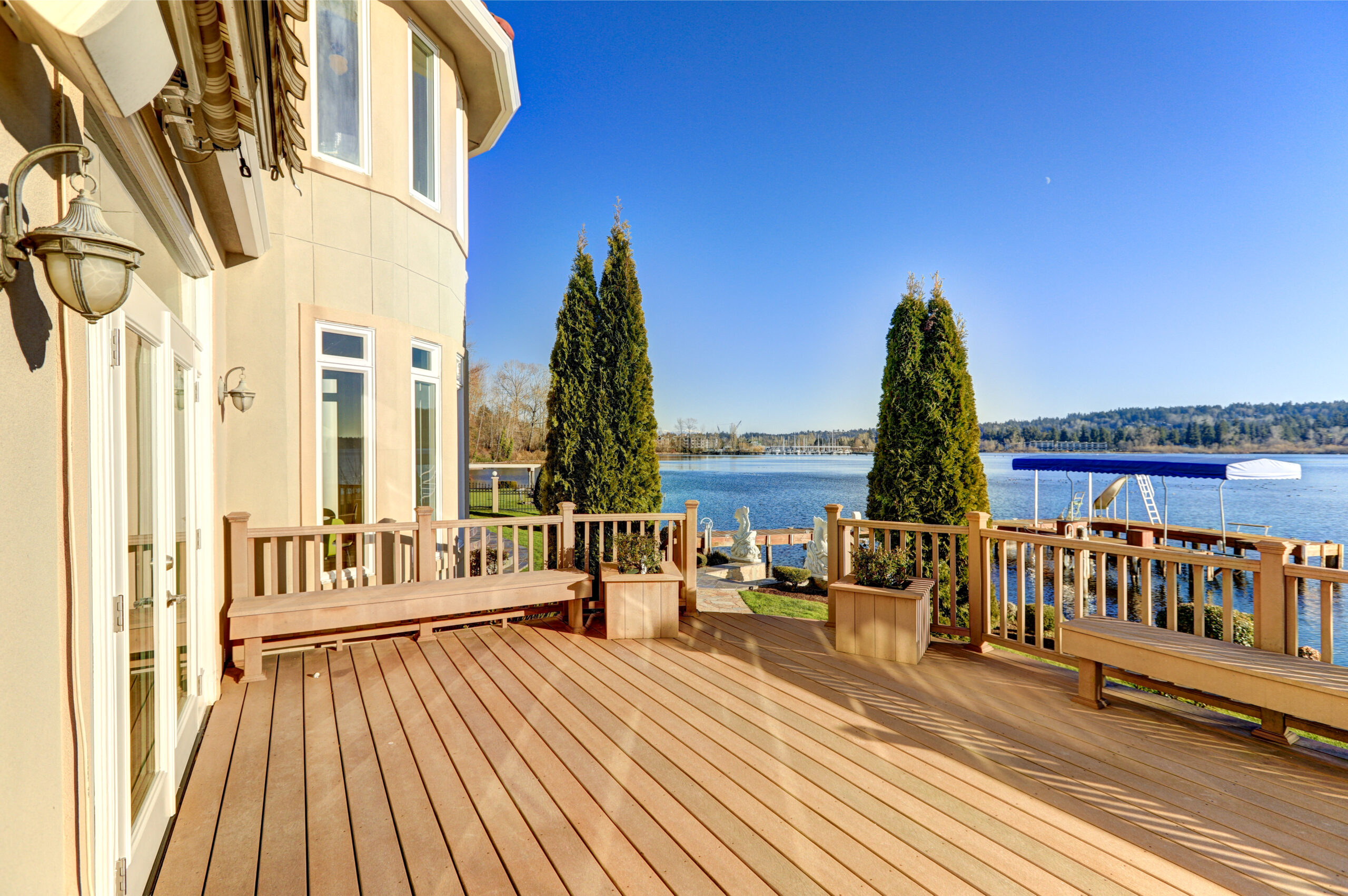 lakeside view from a deck with cypress trees