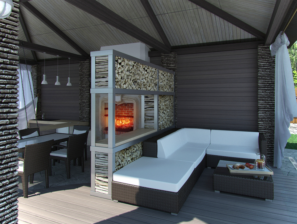 modern seating area with fireplace under deck cover outdoors
