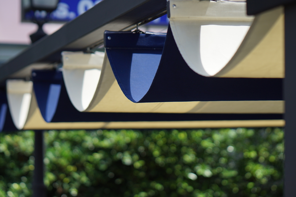 closeup of a blue and white deck shade