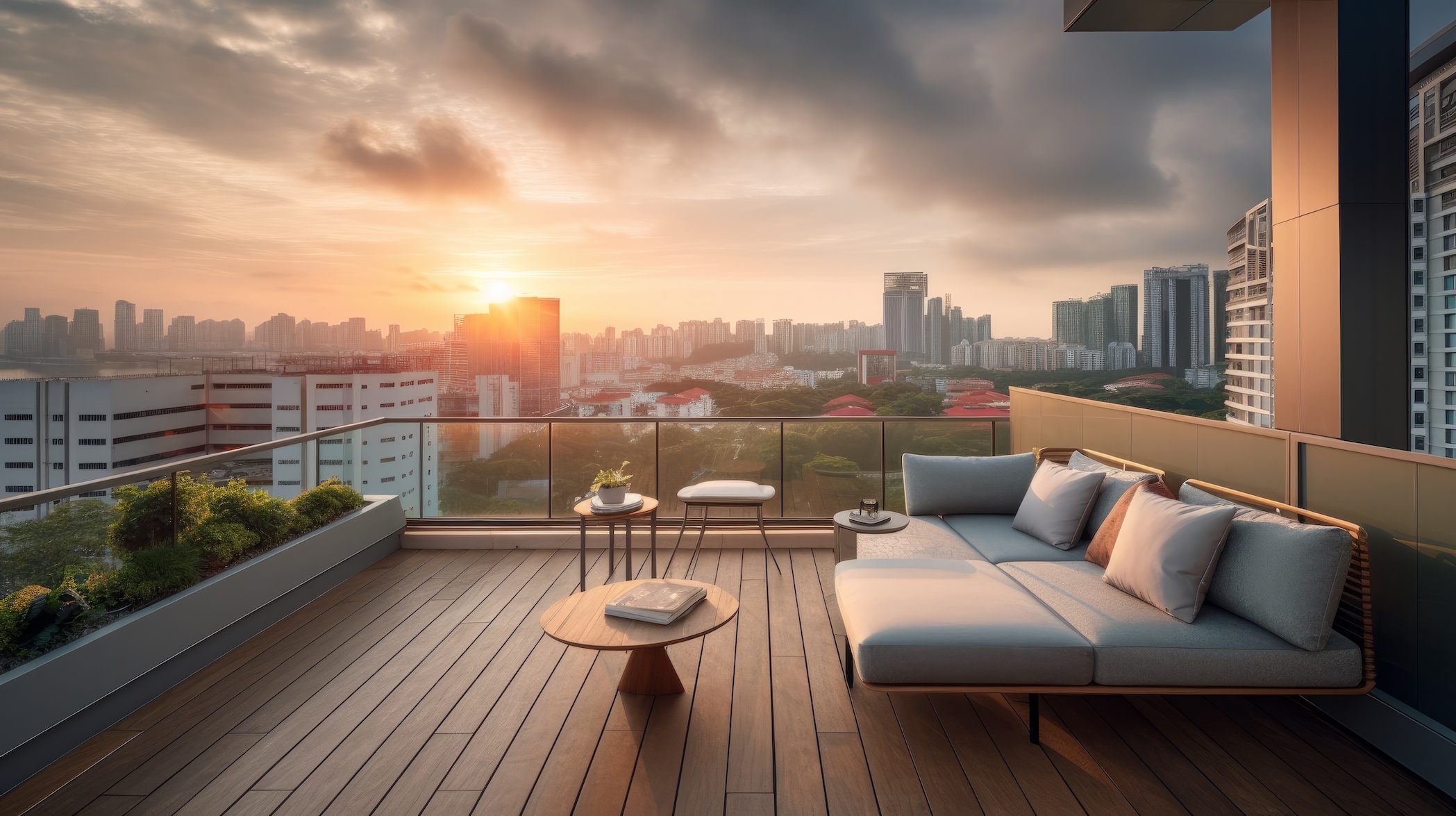 Rooftop wooden deck overlooking city