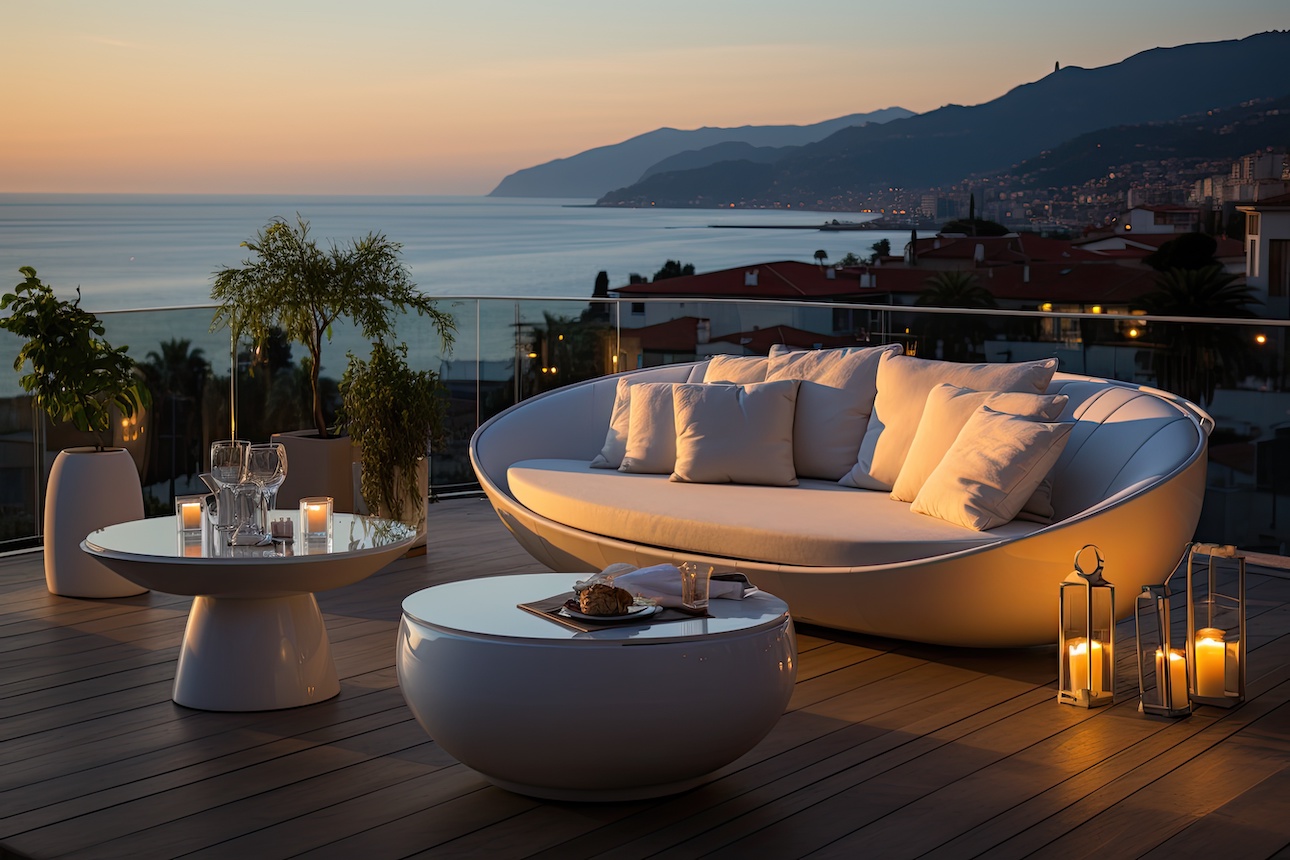 Chic white sofa and table on a wooden deck overlooking a bay and mountains