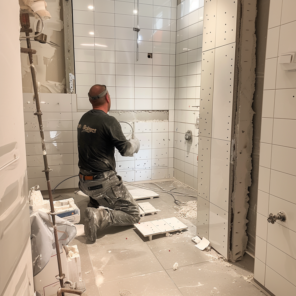 Worker, back turned, installing white tiles during a bathroom renovation