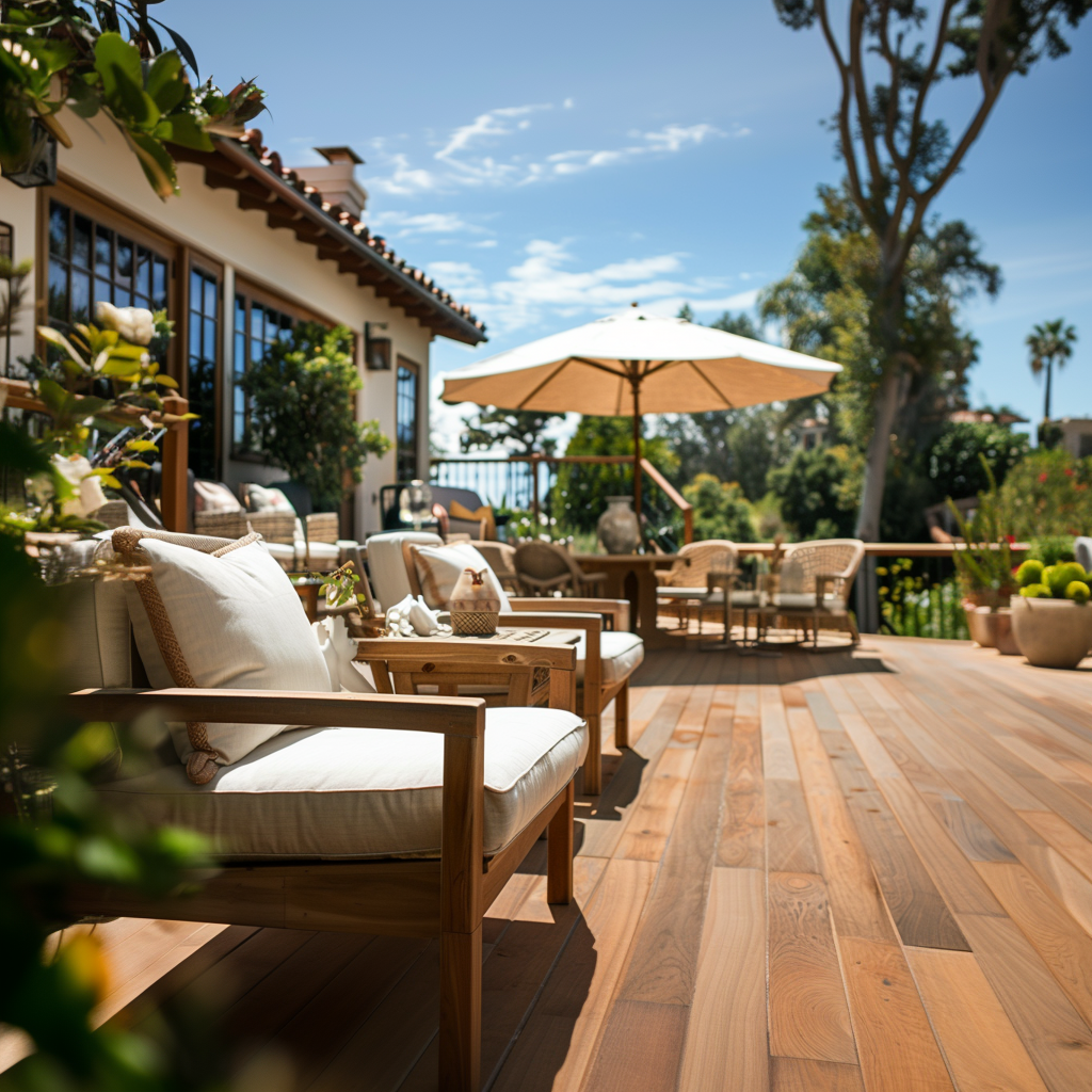 An outdoor wooden deck in Southern California, blue skies and plants in the background. Wooden furniture with white upholstery, white umbrella for shade