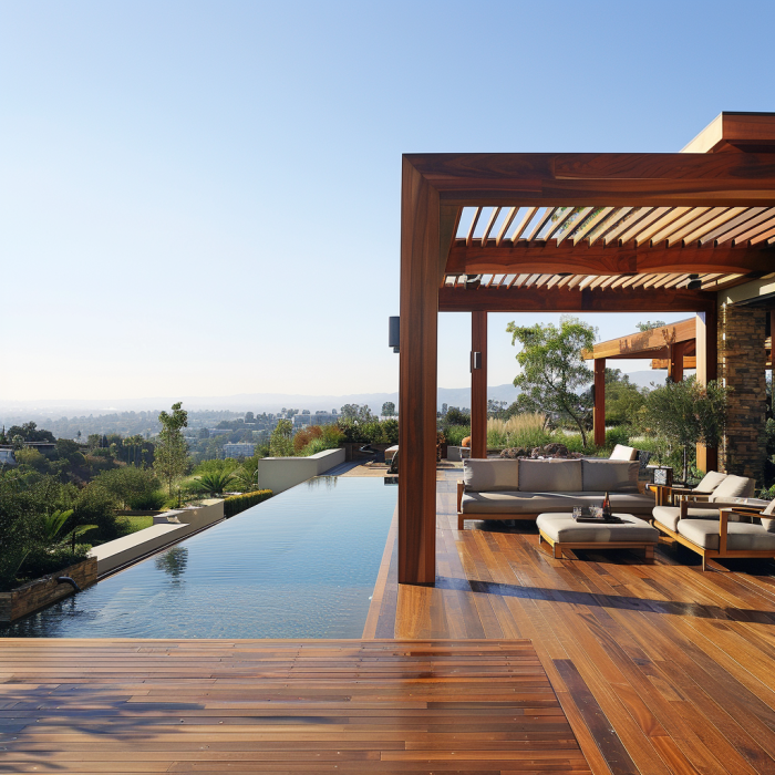 A wooden deck, partially covered. Furniture under the cover, which leads to an infinity pool in SoCal