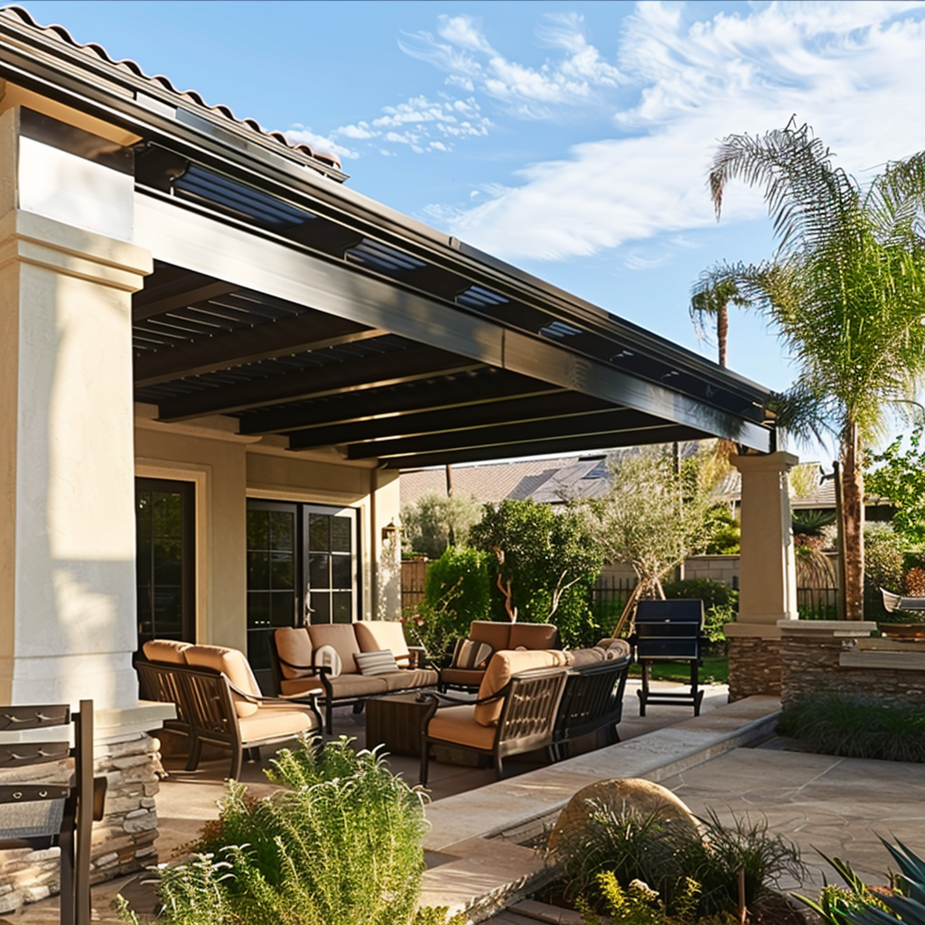 An aluminum patio cover with luxury furniture under its shade.