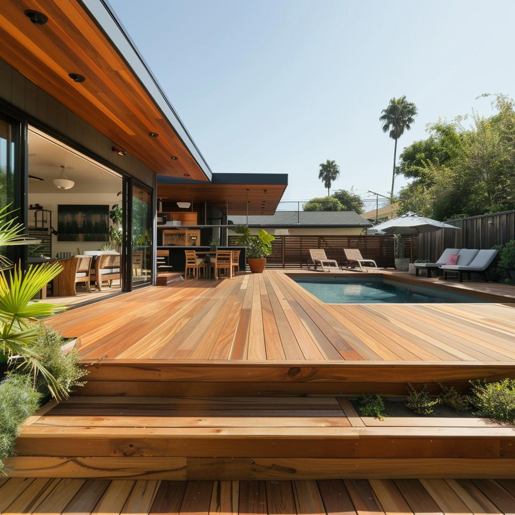 A Southern California deck constructed of Cumaru wood, which surrounds a pool and includes wooden steps.