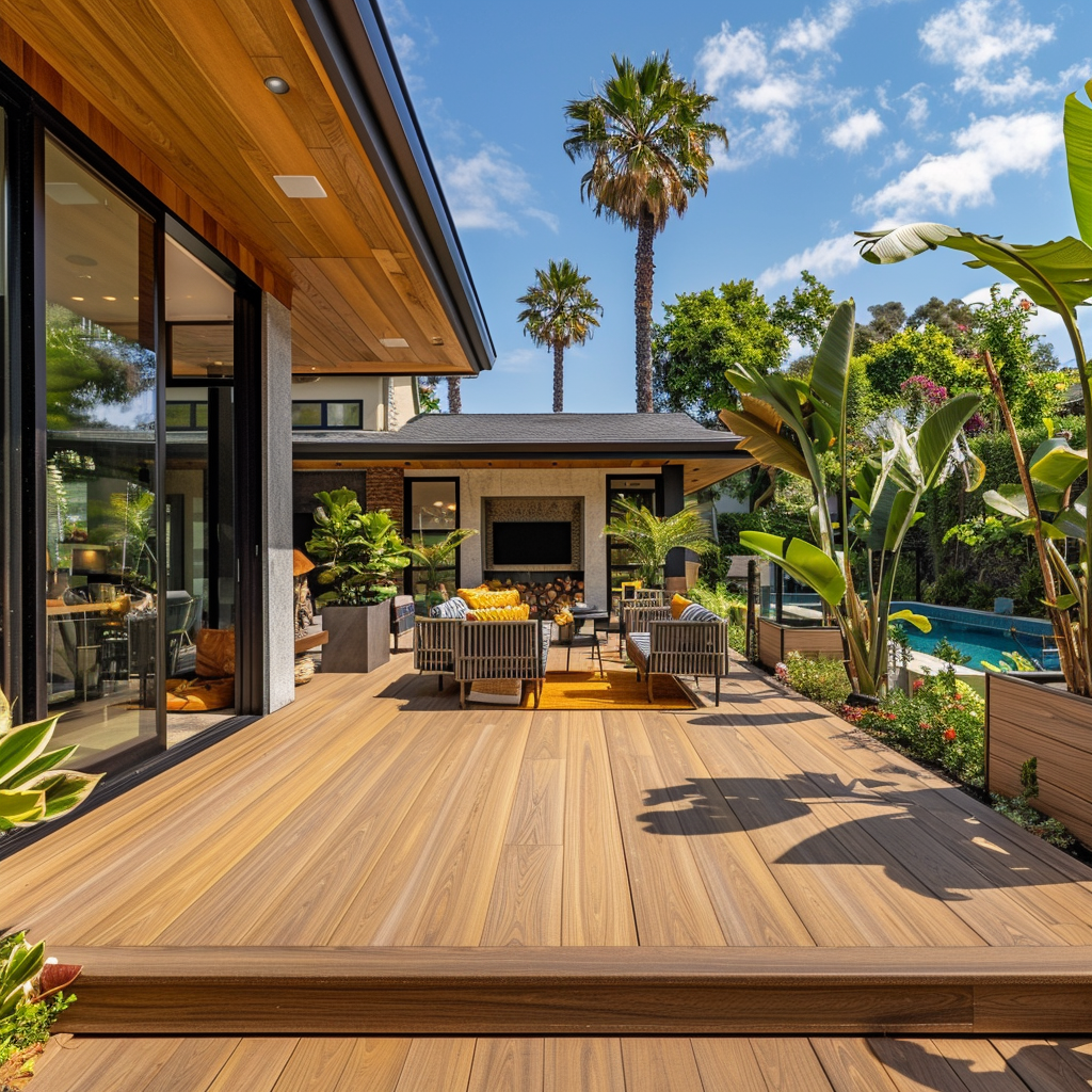 A composite deck in the backyard of a luxury SoCal home. Lush vegetation in the background, with furniture and plants on the deck. A depiction of green composite decking