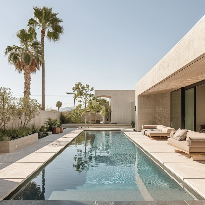 A minimalist pool design surrounded by hardscaping in the back of a luxury SoCal home. A depiction of a pool remodeling idea