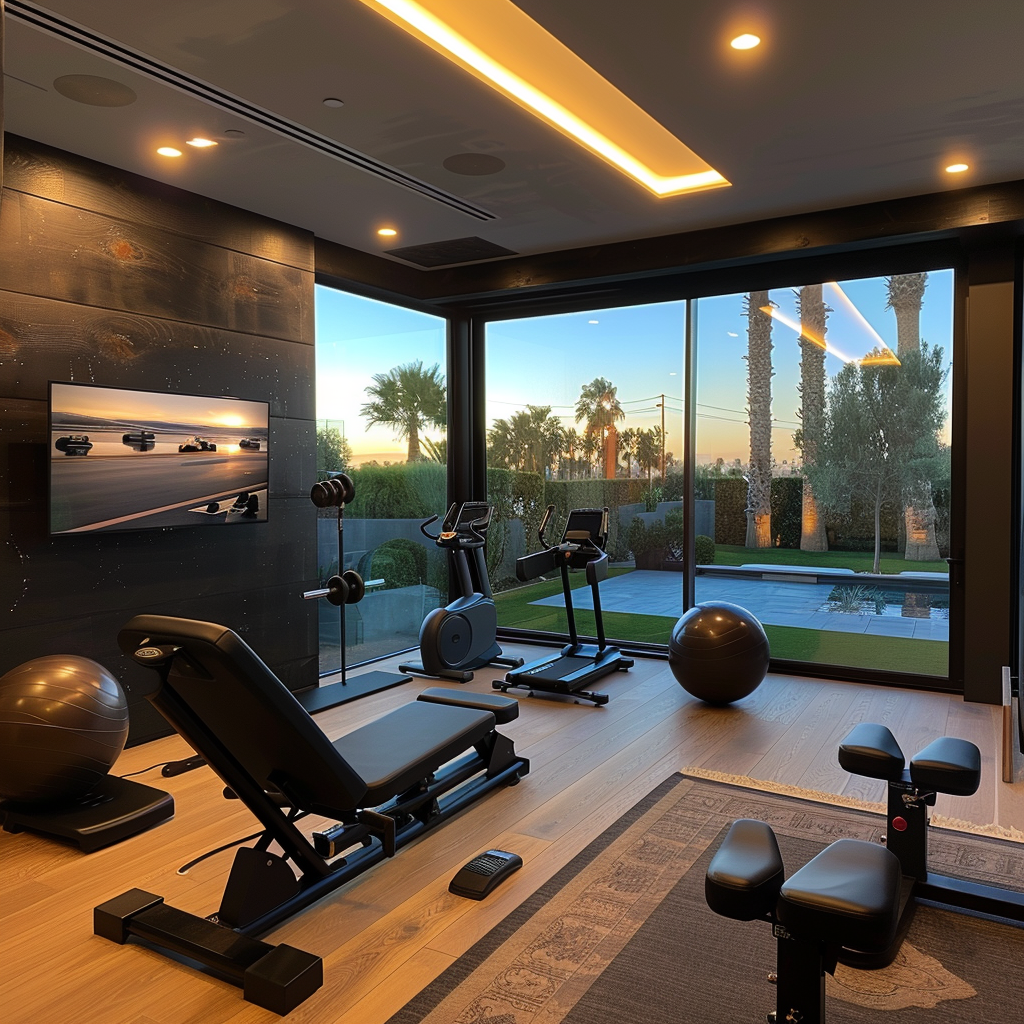 A home gym with a bench, treadmill, etc. and a tv, overlooking a beautiful backyard. This is a multipurpose room