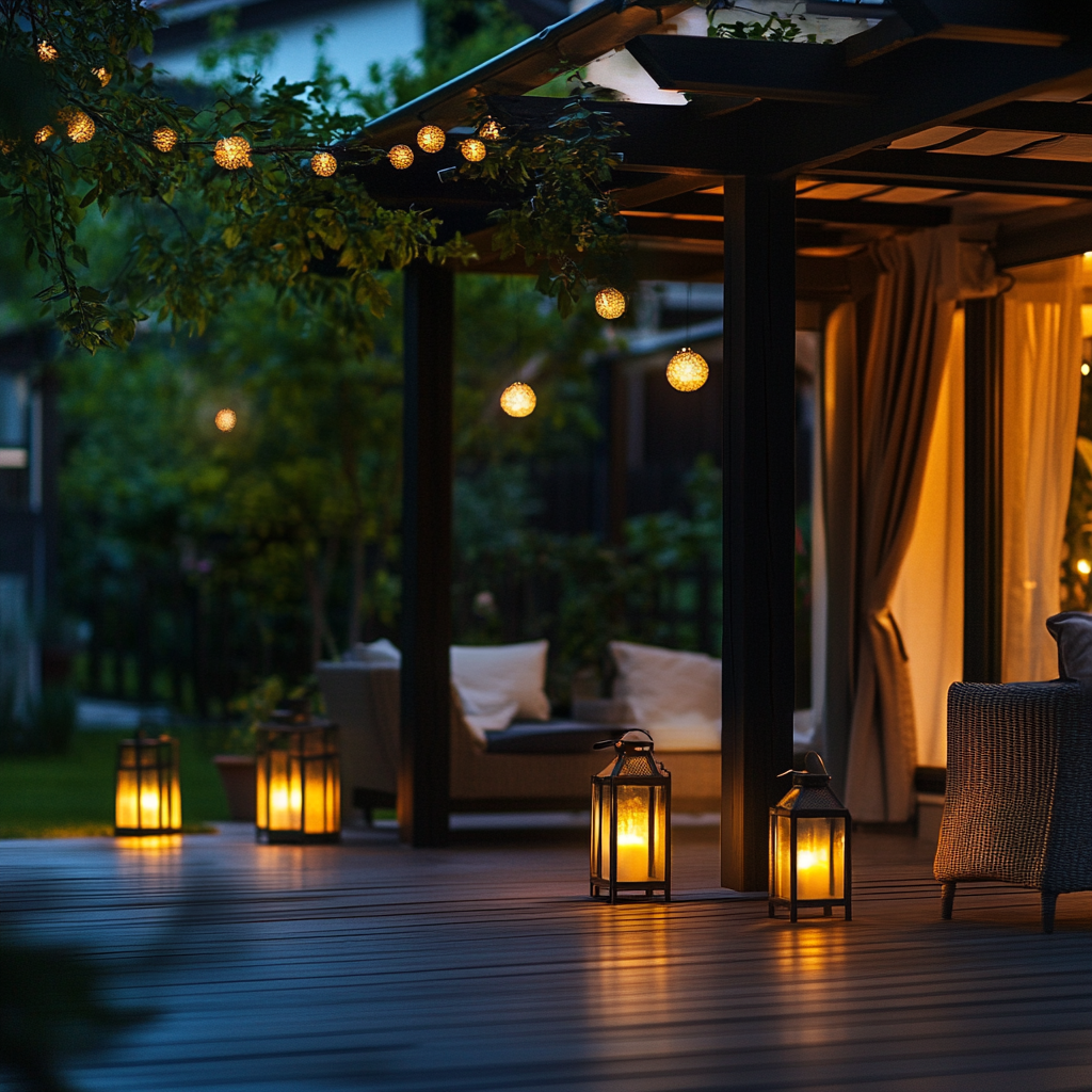 A patio cover on a deck with lanterns and string lights