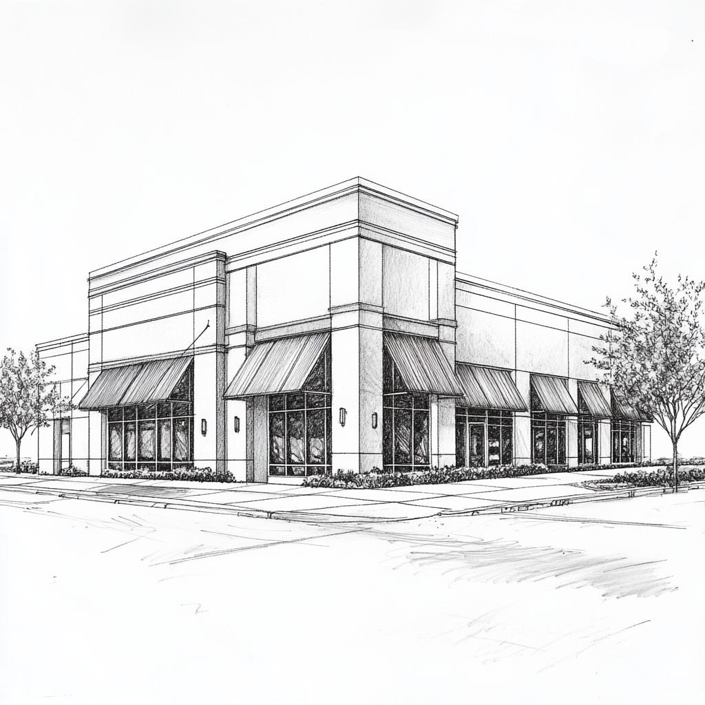 A retail space drawing of a corner with windows and awnings