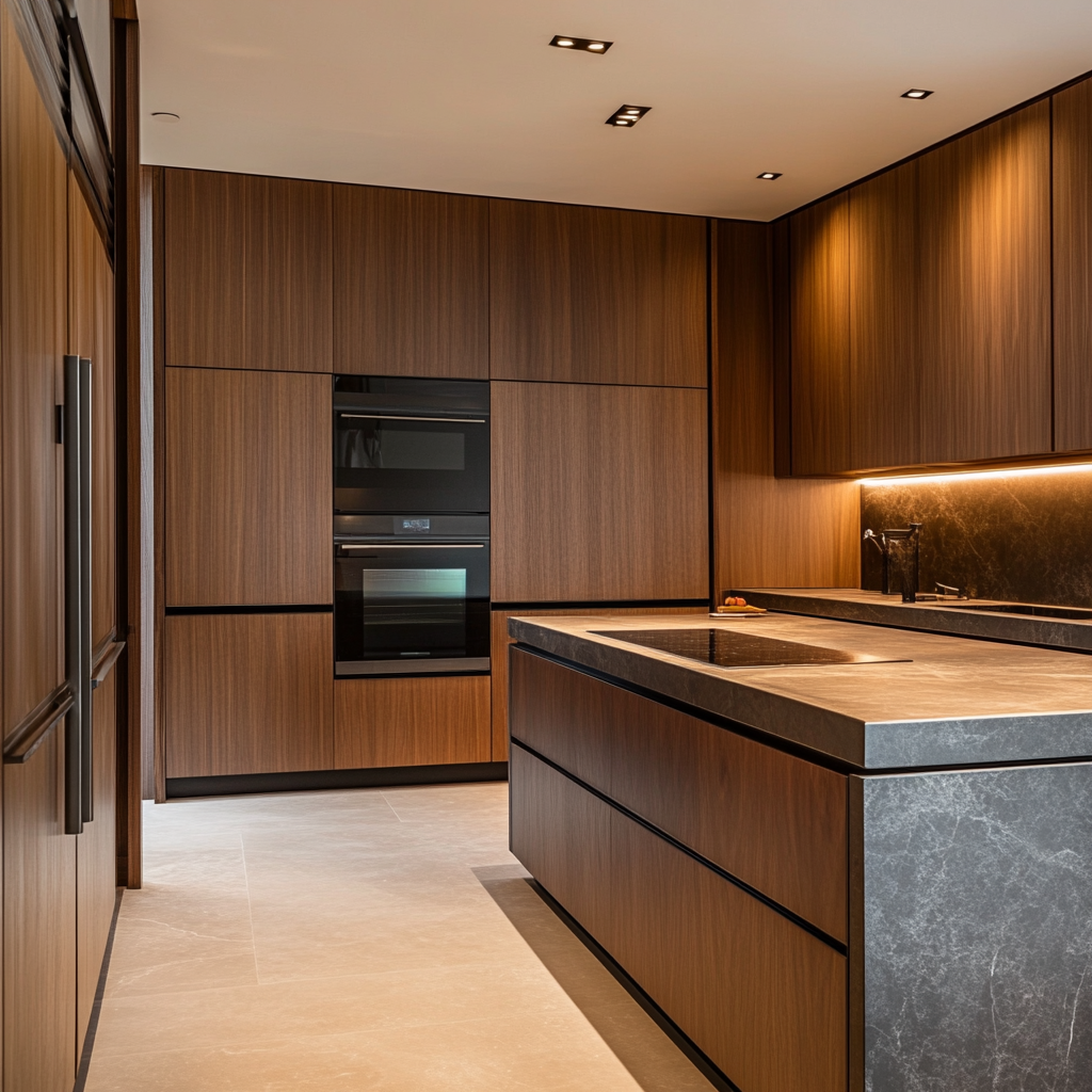 A high-end modern kitchen with wooden cabinetry. Shows custom cabinetry designs for indoor spaces.