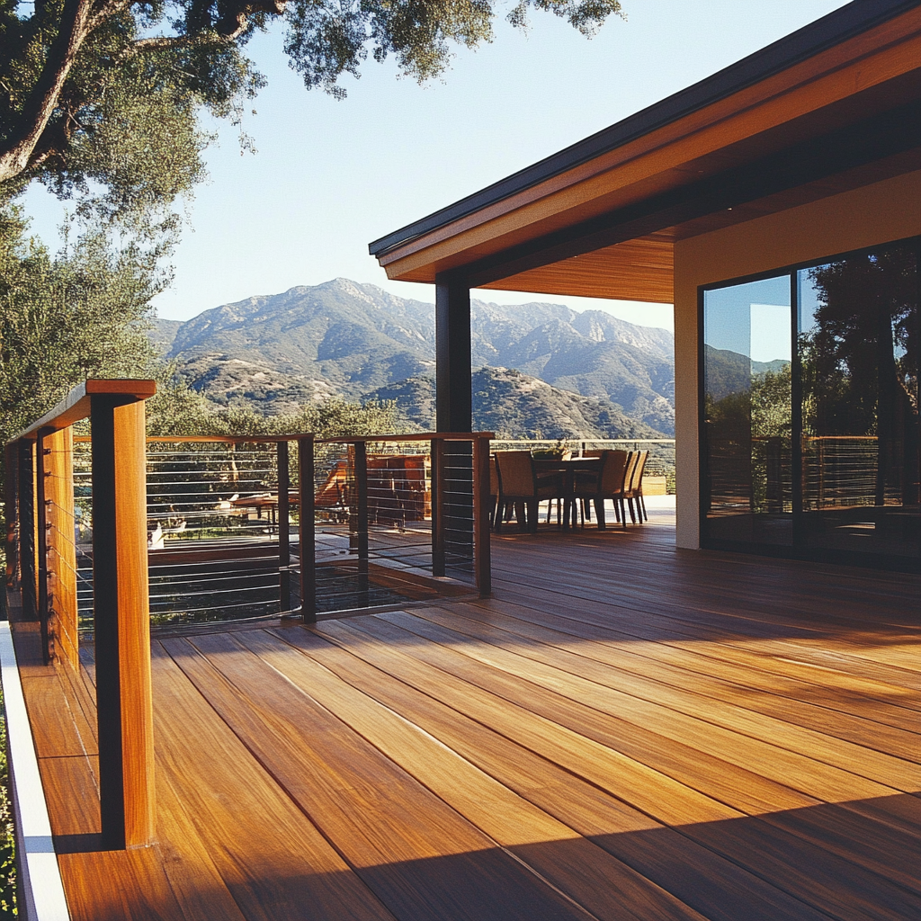 A modern deck with furniture and a view of mountains.