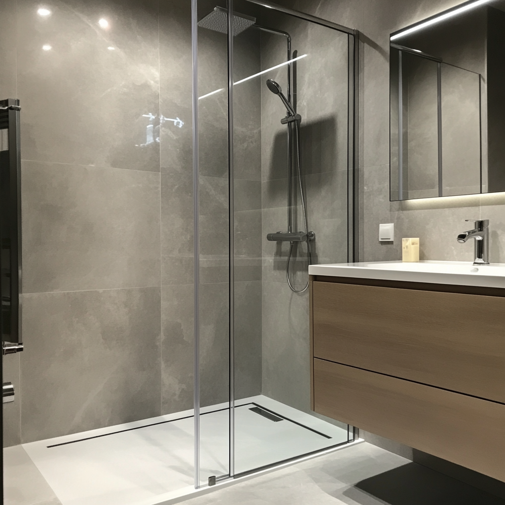 A modern bathroom shower. Gray tile walls, sliding glass doors. The bathroom also has a white sink with wooden cabinets below and a mirror.