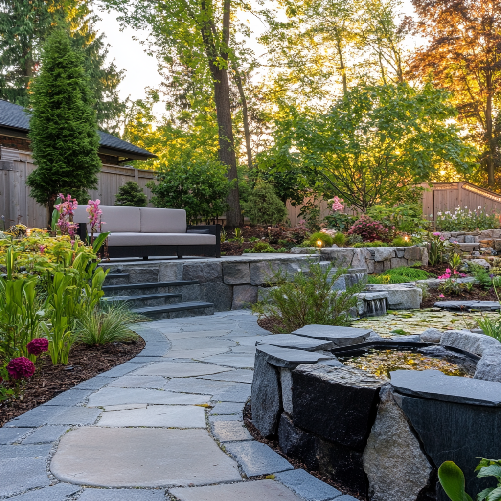 A lush backyard with trees and other greenery, with hardscaping elements such as a path and steps. Depicts hardscaping in a garden