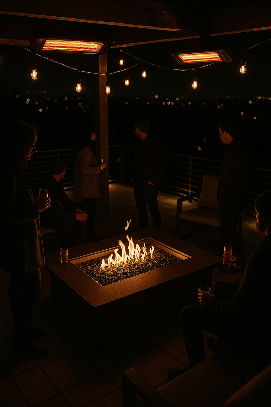Evening patio party with overhead infrared heaters and string lights, guests gathered around linear fire table