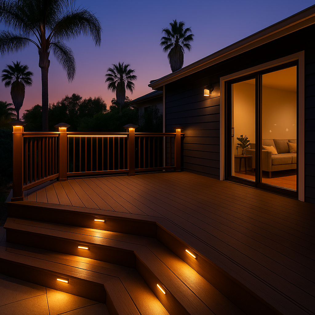 Modern deck with LED lighting at dusk showing recessed step lights, post cap lights, and under-rail illumination on Southern California home