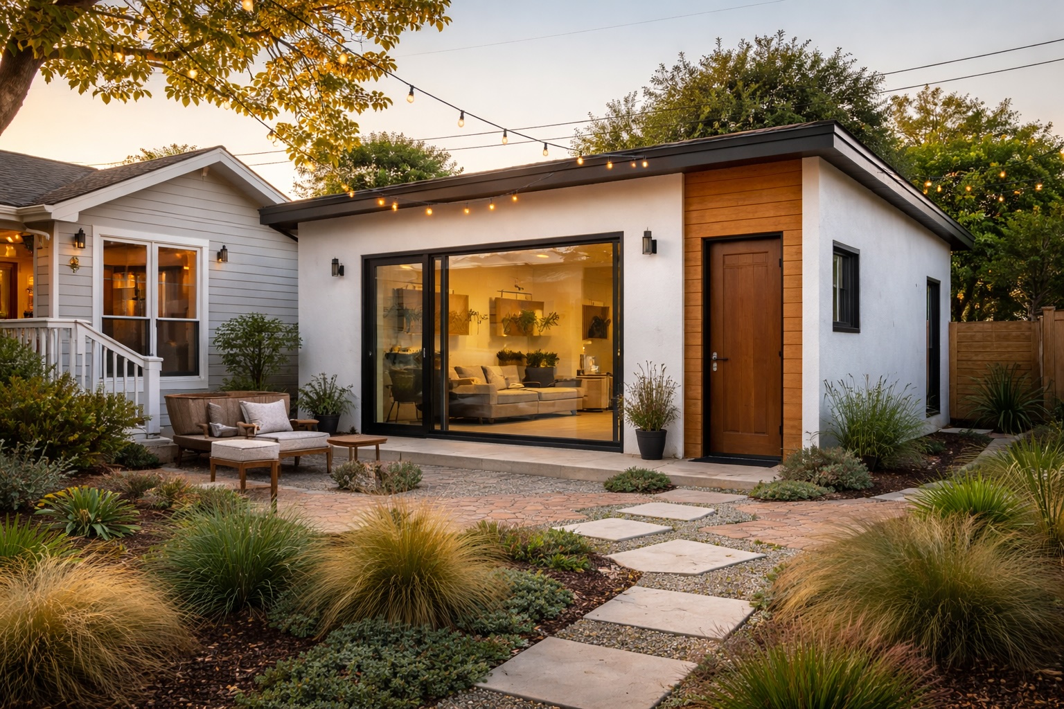 Modern ADU with glass sliding doors and separate entrance in Los Angeles backyard featuring drought-tolerant landscaping and string lights at dusk
